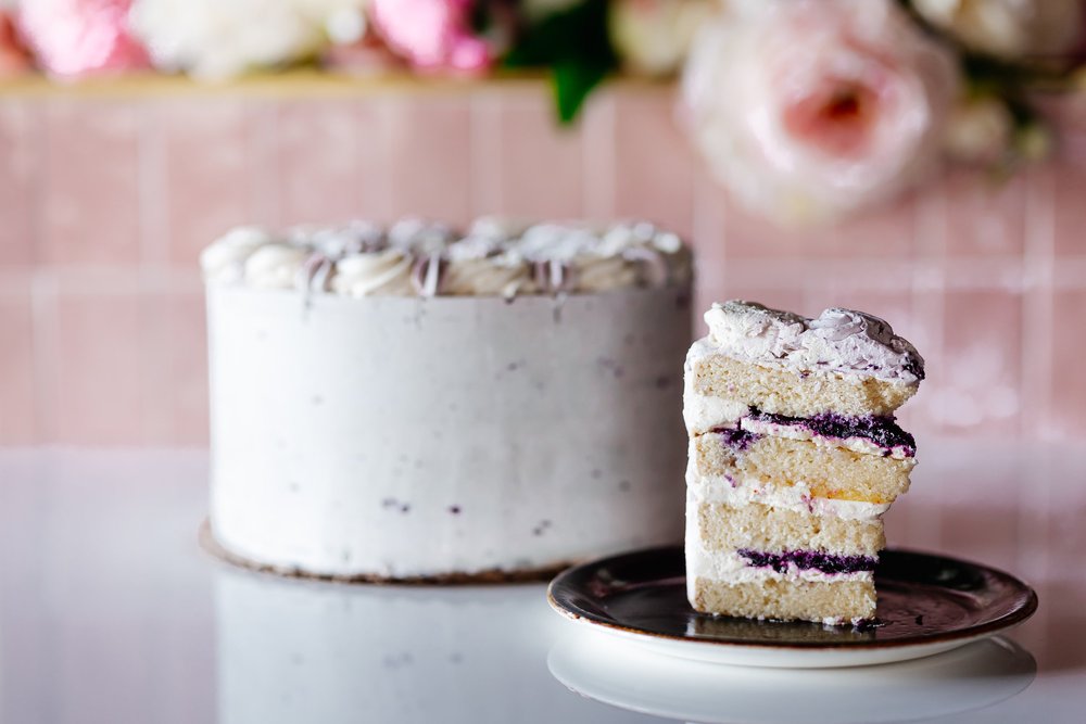 White layer cake with blueberry filling