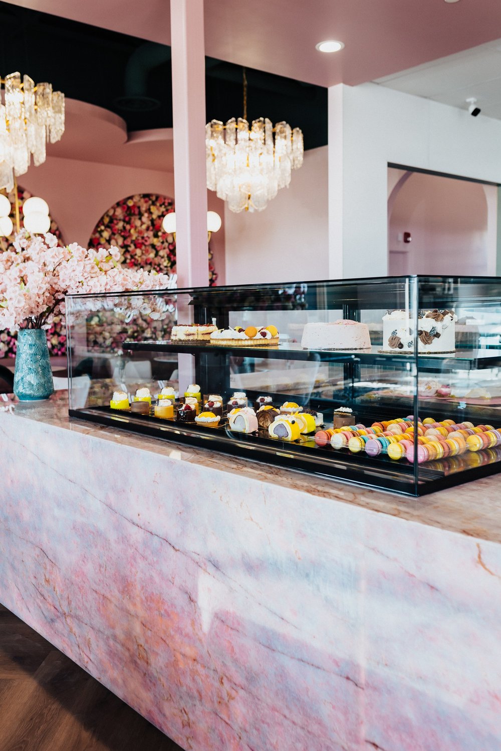 Pink marble pastry counter